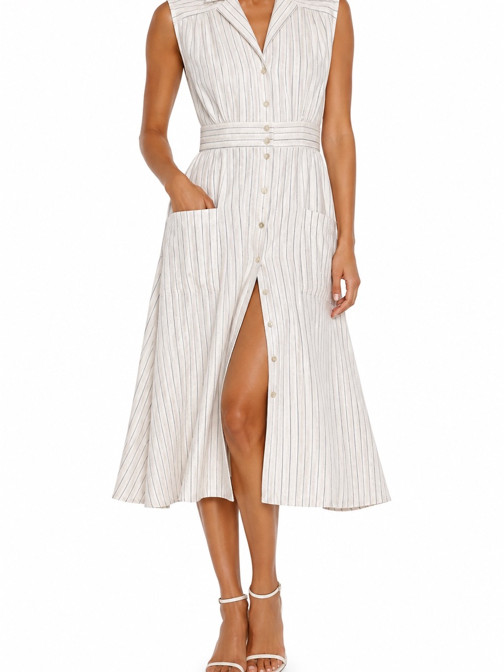 L'Academie Sleeveless Striped Midi Dress in Off-White w/ Beige Stripes - 75% OFF